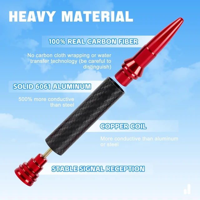 Alt view image 3 of 5 - KARTONMOTOR Universal Real Carbon Fiber 50 Cal Car Antenna Compatible with Ford, Dodge, Chevrolet, GMC, Jeep, Toyota Truck Accessories 5.5" Replacement Car Antenna(Red)