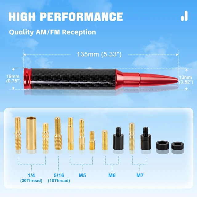 Alt view image 5 of 5 - KARTONMOTOR Universal Real Carbon Fiber 50 Cal Car Antenna Compatible with Ford, Dodge, Chevrolet, GMC, Jeep, Toyota Truck Accessories 5.5" Replacement Car Antenna(Red)