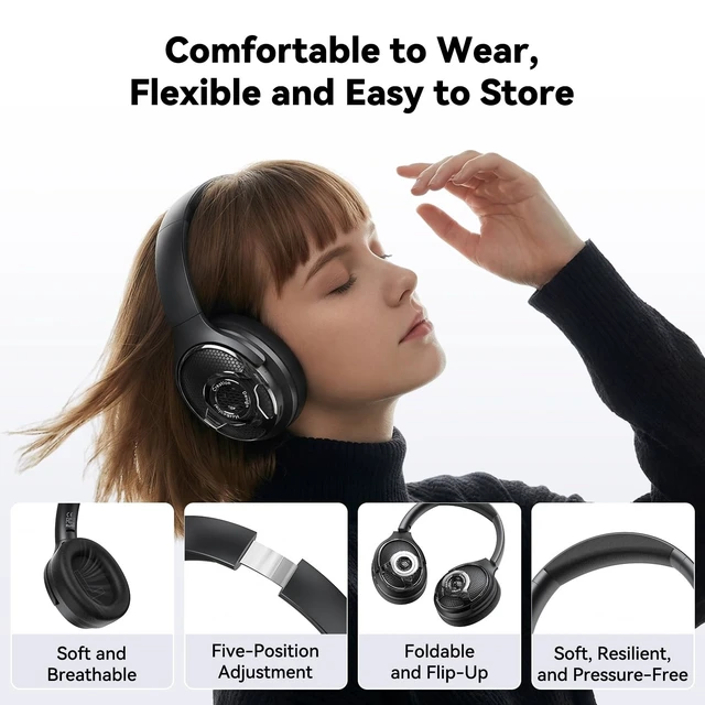 Alt view image 2 of 5 - Bluetooth Over Ear Headphones Noise Cancelling 63H Long Playtime Foldable