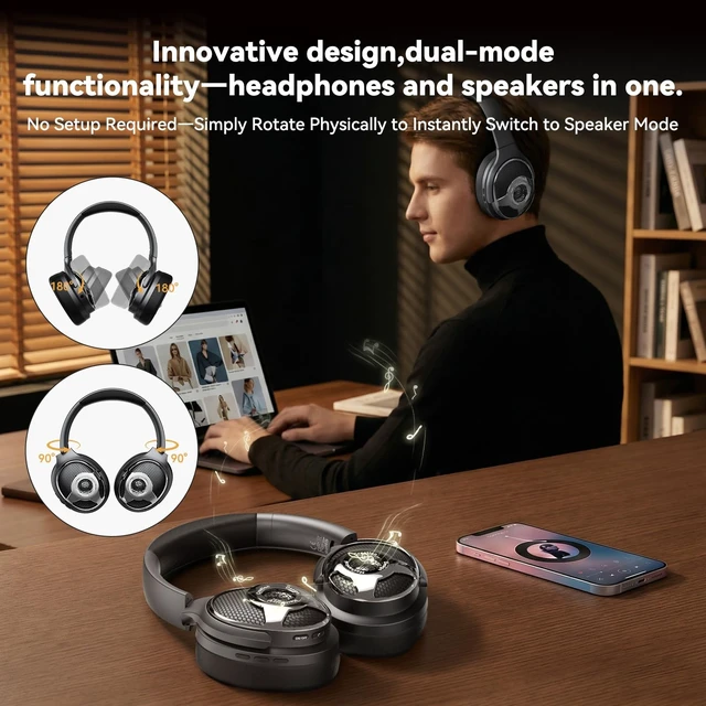Alt view image 5 of 5 - Bluetooth Over Ear Headphones Noise Cancelling 63H Long Playtime Foldable