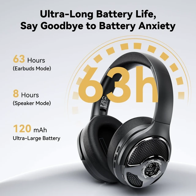 Alt view image 3 of 5 - Bluetooth Over Ear Headphones Noise Cancelling 63H Long Playtime Foldable