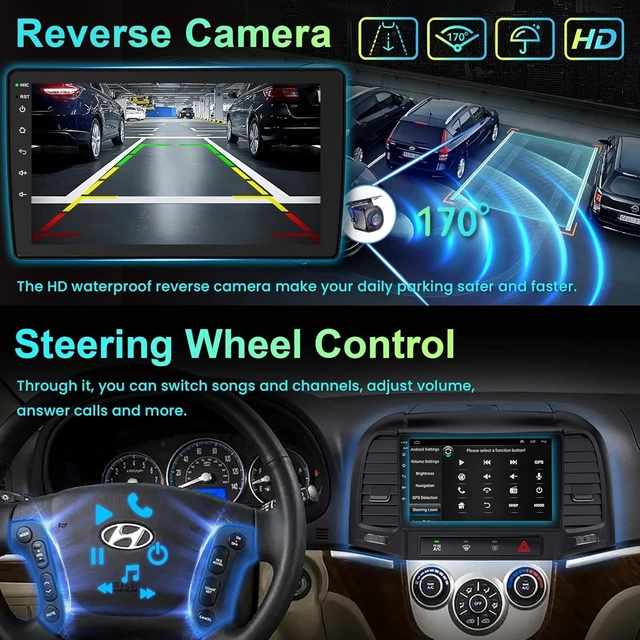 Alt view image 4 of 5 - for Hyundai Santa Fe Radio 2006-2012, 4+64 Stereo with Wireless Carplay&Android, 9 Inch HD Touchscreen Support GPS/WiFi/Bluetooth5.2/FM Radio/Backup Camera+MIC/SWC