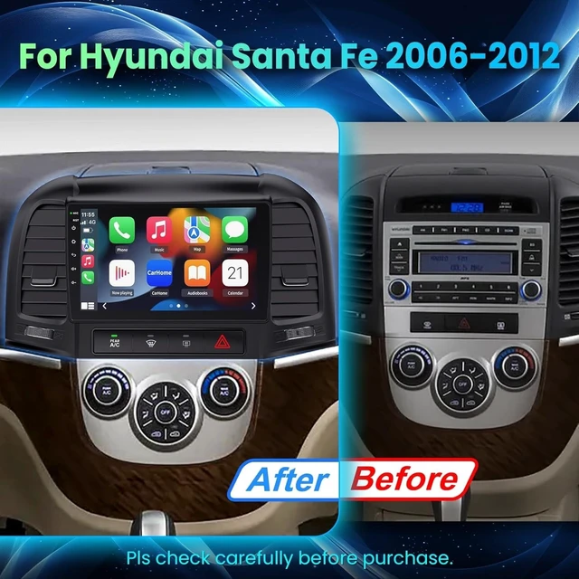 Alt view image 2 of 5 - for Hyundai Santa Fe Radio 2006-2012, 4+64 Stereo with Wireless Carplay&Android, 9 Inch HD Touchscreen Support GPS/WiFi/Bluetooth5.2/FM Radio/Backup Camera+MIC/SWC