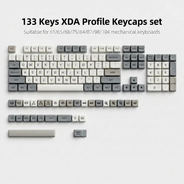 Alt view image 3 of 5 - Thyrnovyn 133 Keys PBT Dye Sublimation Keycaps, Retro Grey White Minimalist Keycap Set, XDA Profile Custom Keycaps for Mechanical Keyboard 60% 65% 75% 100% Cherry MX Switches