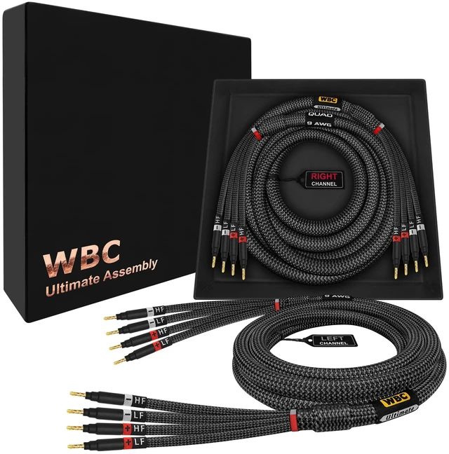 Main image of WORLDS BEST CABLES 6 Foot Ultimate - 9 AWG - Ultra-Pure OFC Extra Premium Audiophile HiFi Bi-Amp Speaker Cable Pair with Eminence Gold Banana Plugs & Carbon Tweed Jacket