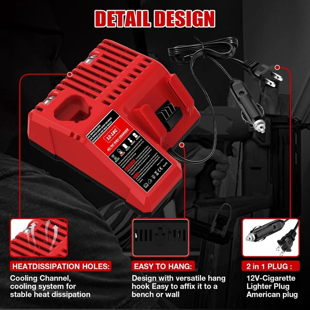 Alt view image 2 of 5 - YNDZ 2 in 1 AC/DC Car Charger for Milwaukee M12 M14 M18 Batteries, 3A Fast Charger Wide Voltage 100-240V, Portable Lithium-ion Battery Charger for Milwaukee 12V 14.4V 18V Cordless Power Tools