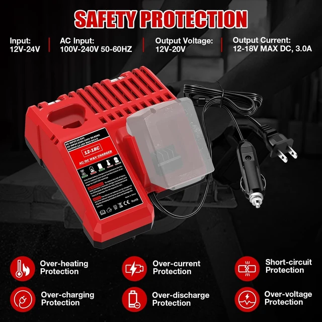 Alt view image 5 of 5 - YNDZ 2 in 1 AC/DC Car Charger for Milwaukee M12 M14 M18 Batteries, 3A Fast Charger Wide Voltage 100-240V, Portable Lithium-ion Battery Charger for Milwaukee 12V 14.4V 18V Cordless Power Tools