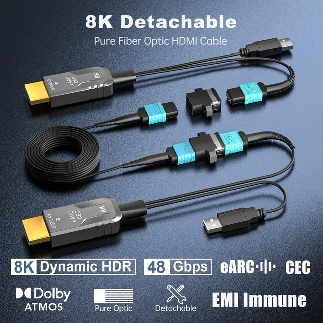 Alt view image 5 of 5 - 8K Detachable MPO Pure Fiber Optic HDMI 2.1 Cable 33FT, 48Gbps, eARC, 8K 60Hz, 4K 120Hz, Dynamic HDR for PS5 PS4, Xbox Series X, Denon/Yamaha Receiver, LG, Samsung, Sony TV