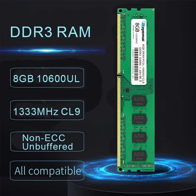 Alt view image 2 of 5 - 16GB Kit (2x8GB) DDR3L/DDR3 10600 1333MHz Udimm, Royemai 8GB PC3/PC3L-10600U Dimm Memory 2Rx8 1.35V/1.5V CL9 Desktop RAM