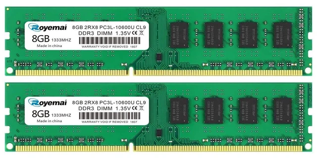 Main image of 16GB Kit (2x8GB) DDR3L/DDR3 10600 1333MHz Udimm, Royemai 8GB PC3/PC3L-10600U Dimm Memory 2Rx8 1.35V/1.5V CL9 Desktop RAM