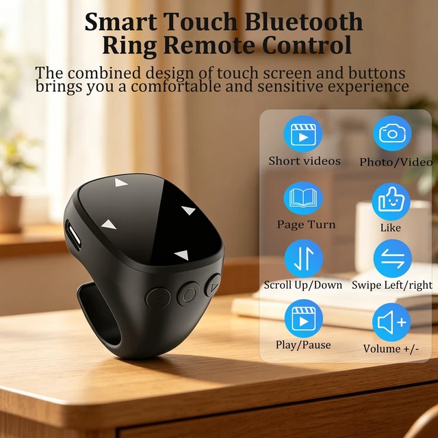Alt view image 2 of 5 - Wireless Bluetooth Air Finger Ring Mouse, Rechargeable TikTok Scrolling Ring with Touchscreen, Page Turner for E-Book Remote Control Short Video Camera Shutter, for Phone Tablet Android iOS(Bla