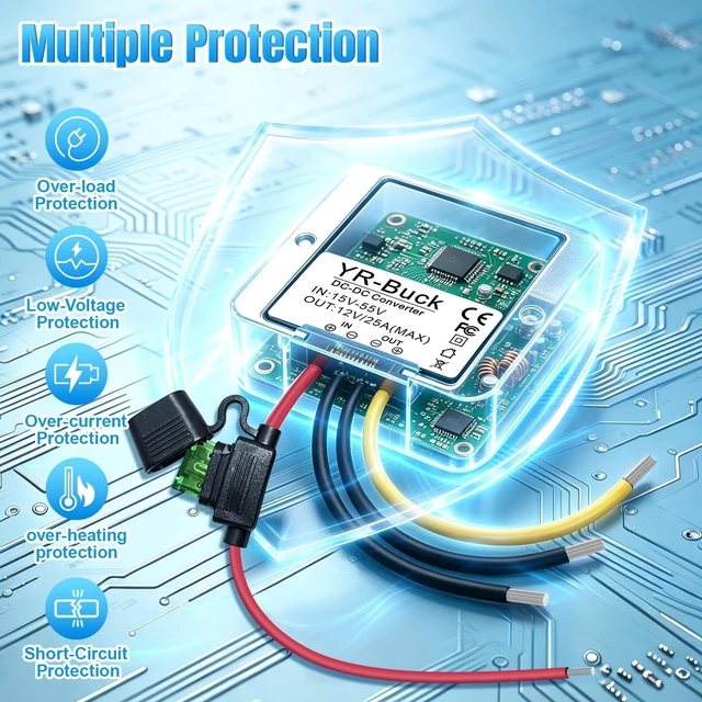 Alt view image 5 of 5 - YNDZ 15-55V to 12V 660W Step Down Converter DC 24V 36V 48V to 12V 25A High Waterproof Voltage Regulator Buck Transformer with 2 Wiring Terminals for Car Truck RV Boat Solar System LED Light