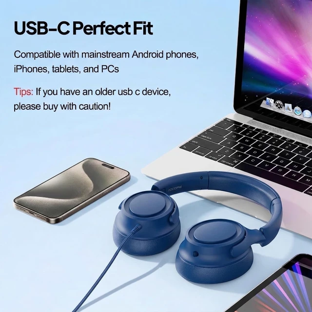 Alt view image 4 of 5 - ADOOPE USB C Wired Over-Ear Headphones with Mic, Blue, No Bag