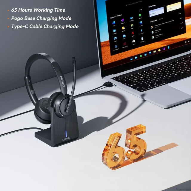Alt view image 2 of 5 - LEVN Wireless Headset, Wireless Headset with Mic for Work, AI Noise Cancelling, 65 Hrs Working Time, Bluetooth Headphones with Microphone from Computer/Call Center/Teams