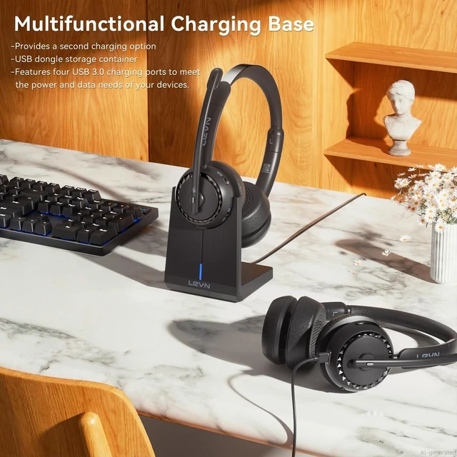 Alt view image 3 of 5 - LEVN Wireless Headset, Wireless Headset with Mic for Work, AI Noise Cancelling, 65 Hrs Working Time, Bluetooth Headphones with Microphone from Computer/Call Center/Teams