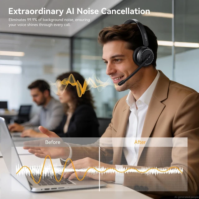 Alt view image 4 of 5 - LEVN Wireless Headset, Wireless Headset with Mic for Work, AI Noise Cancelling, 65 Hrs Working Time, Bluetooth Headphones with Microphone from Computer/Call Center/Teams