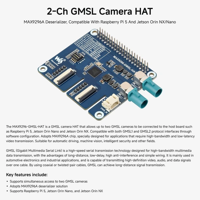 Alt view image 3 of 5 - Waveshare 2-Ch GMSL Camera HAT, Equipped with MAX9296A Deserializer, High-Speed and Low-Latency Serial Transmission, Compatible with Raspberry Pi 5 and Jetson Orin NX/Nano