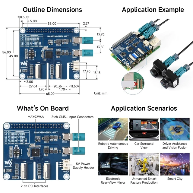 Alt view image 5 of 5 - Waveshare 2-Ch GMSL Camera HAT, Equipped with MAX9296A Deserializer, High-Speed and Low-Latency Serial Transmission, Compatible with Raspberry Pi 5 and Jetson Orin NX/Nano
