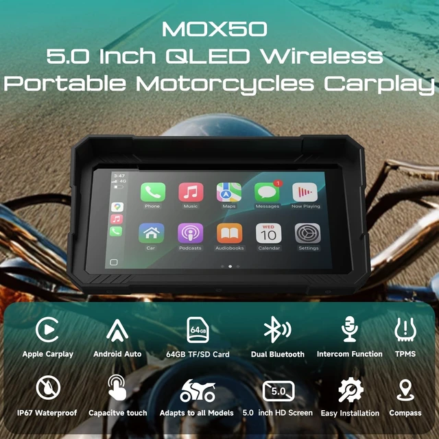 Alt view image 2 of 5 - RUIST 5.0" Wireless Motorcycle CarPlay Screen with TPMS, Model MOX50