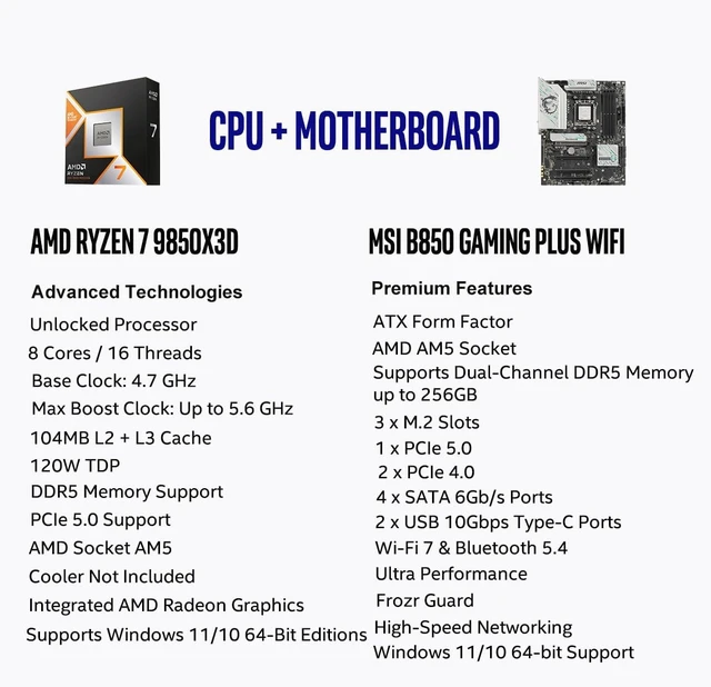 Alt view image 2 of 5 - MICRO CENTER AMD 9850X3D Processor with MSI B850 Gaming Plus WF Motherboard