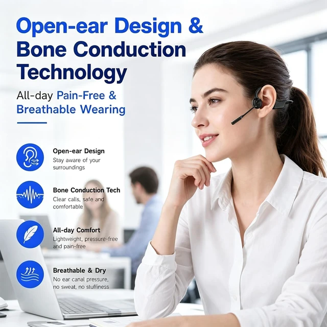 Alt view image 5 of 5 - Open-Ear Headphones with Noise-Canceling Mic, Bone Conduction Headphones