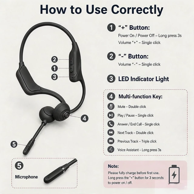 Alt view image 4 of 5 - Open-Ear Headphones with Noise-Canceling Mic, Bone Conduction Headphones
