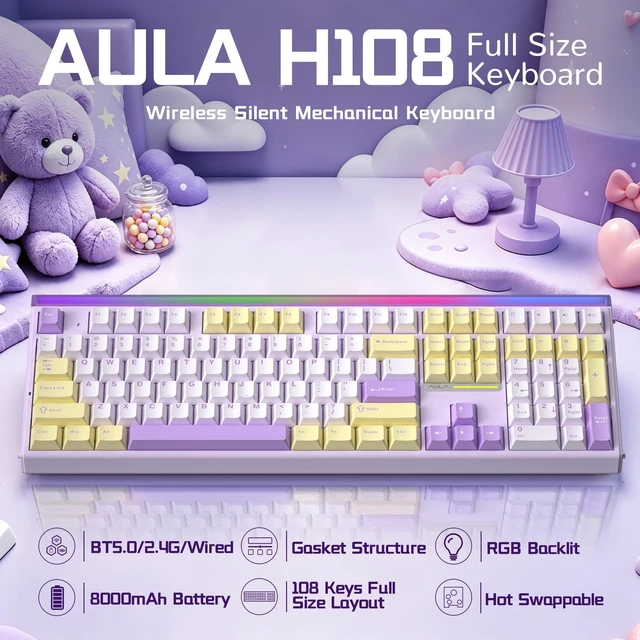 Alt view image 2 of 5 - Aula H108 Wireless Silent Mechanical Keyboard with Number Pad Hot Swappable