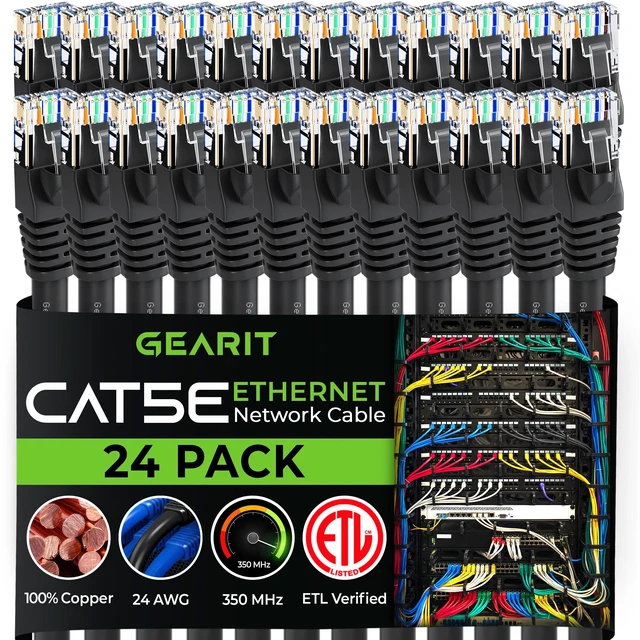 Main image of GEARIT 24-Pack, Cat5e Ethernet Patch Cable 1 Foot - Snagless RJ45 Computer LAN Network Cord, Black