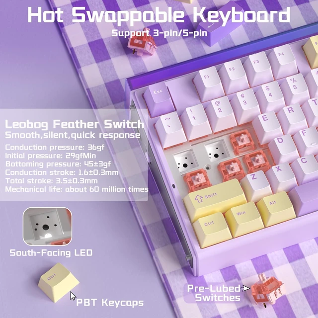Alt view image 4 of 5 - Aula H108 Wireless Silent Mechanical Keyboard with Number Pad Hot Swappable