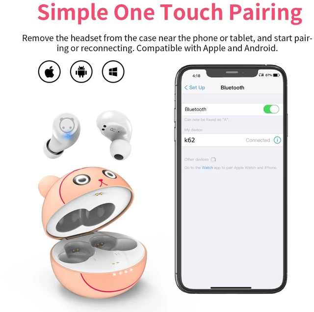 Alt view image 2 of 5 - AMAFACE Bluetooth Wireless Earbuds for Kids Small Ears, TWS Bluetooth Headphones, HiFi Stereo Wireless Earphones Sweat-Proof Touch Control Headset with Cartoon Charging Case - Piggy Cat