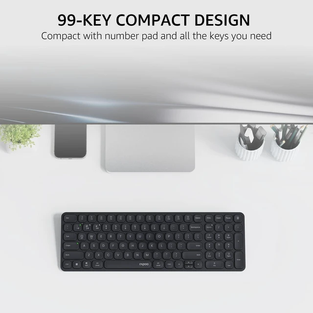 Alt view image 3 of 5 - Rapoo E9310M Wireless Keyboard for Mac/iPad/PC, Multi-Device Bluetooth Keyboard with Number Pad, Low-Profile, Quiet Typing, 99-Key, Battery Powered, Support 4 Devices for Windows, Linux, Chrome