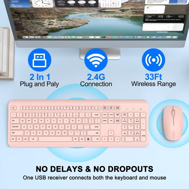 Alt view image 2 of 5 - Wireless Keyboard and Mouse Combo, Full-Size Silent Ergonomic Keyboard and Optical Mouse, Long Battery Life, 2.4GHz Lag-Free Cordless Mice Keyboard for Computer, Mac, Laptop, PC, Windows(Pink)