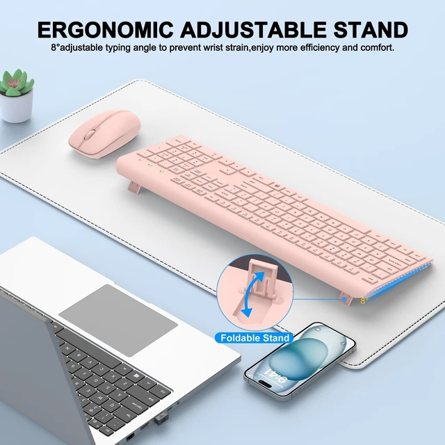 Alt view image 3 of 5 - Wireless Keyboard and Mouse Combo, Full-Size Silent Ergonomic Keyboard and Optical Mouse, Long Battery Life, 2.4GHz Lag-Free Cordless Mice Keyboard for Computer, Mac, Laptop, PC, Windows(Pink)