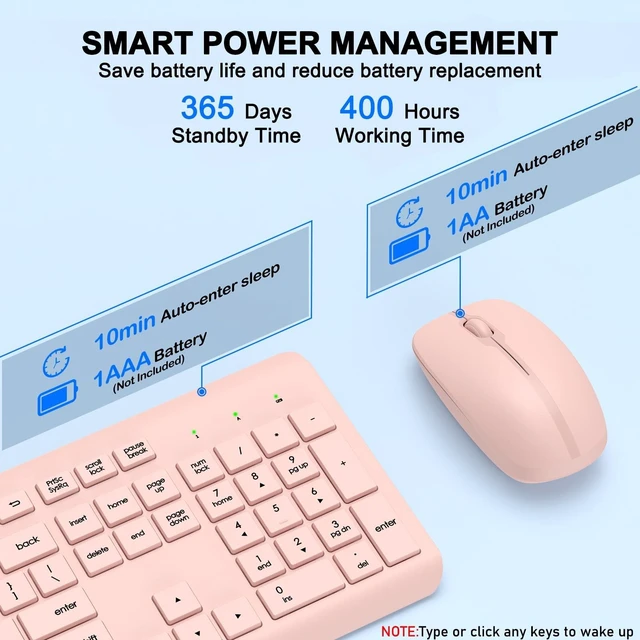 Alt view image 4 of 5 - Wireless Keyboard and Mouse Combo, Full-Size Silent Ergonomic Keyboard and Optical Mouse, Long Battery Life, 2.4GHz Lag-Free Cordless Mice Keyboard for Computer, Mac, Laptop, PC, Windows(Pink)