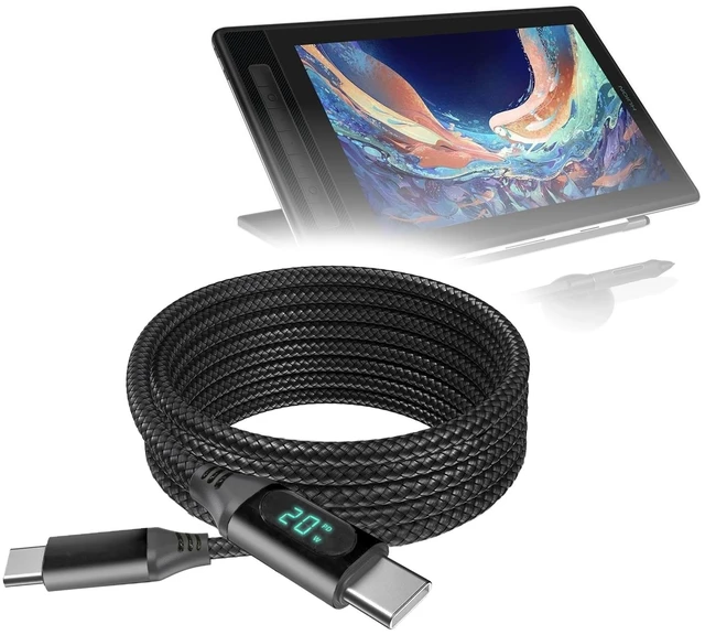 Main image of BoxWave Cable Compatible with Huion Kamvas Pro 13 (2.5K) - PowerDisplay PD Cable (6ft) - USB-C to USB-C (100W), LED Wattage Info Extra Long Braided Nylon - Jet Black