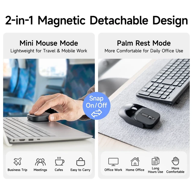 Alt view image 2 of 5 - SANWA Wireless + 2 Bluetooth Mini Mouse with Magnetic Palm Rest, 2 in 1 Portable Pocket Mouse for Laptop, 800/1200/1600 DPI, Rechargeable, Small Travel Mice for Win, Mac, Home, Office, Mobile W