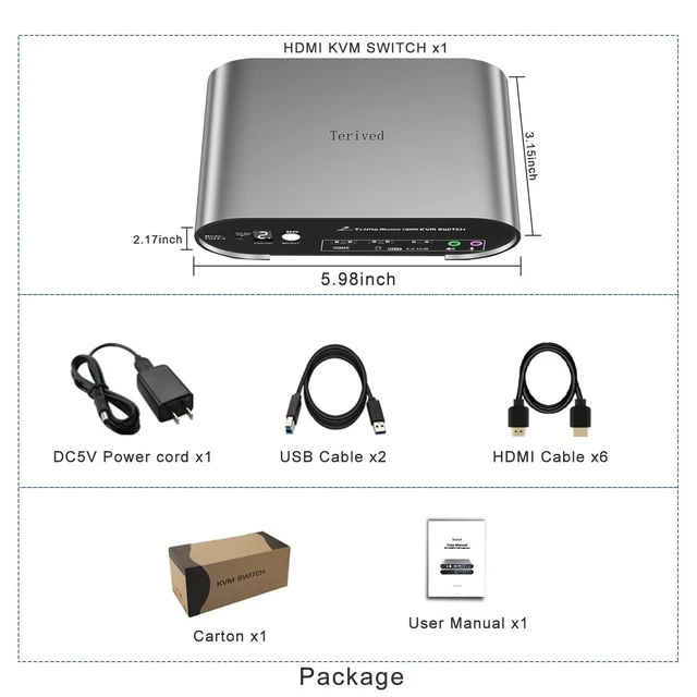Alt view image 5 of 5 - Terived HDMI Triple Monitor KVM Switch 4K60Hz, Audio Microphone hotkey EDID with Cables