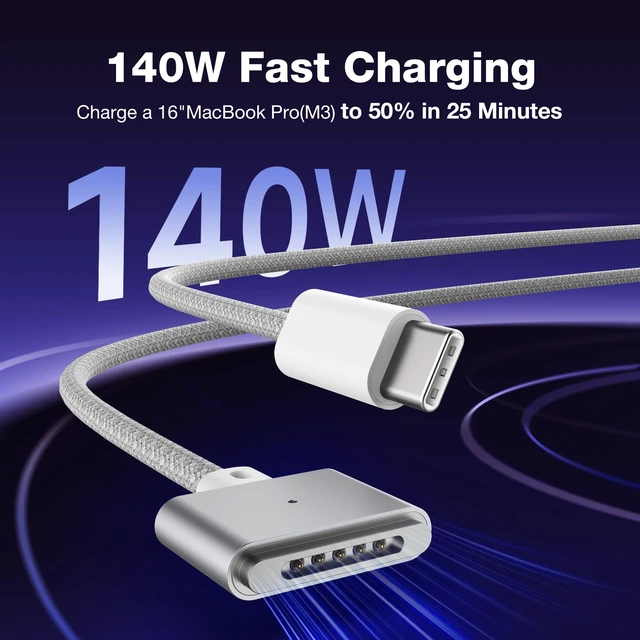Alt view image 3 of 5 - Hugener Magnetic 3 Cable USB-C 6.6FT for MacBook Air Pro Charger, Grey