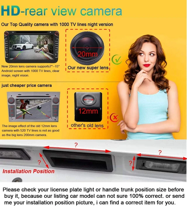 Alt view image 4 of 5 - HD IP68 1280Pixels 20MM Lens 170 License Plate Light Rear View Reversing Backup Camera Compatible with V W Touareg/Tiguan Santana/Jetta/Polo/Skoda Scirocco Fabia/Golf 4 6 Variant/Porsche Cayenne