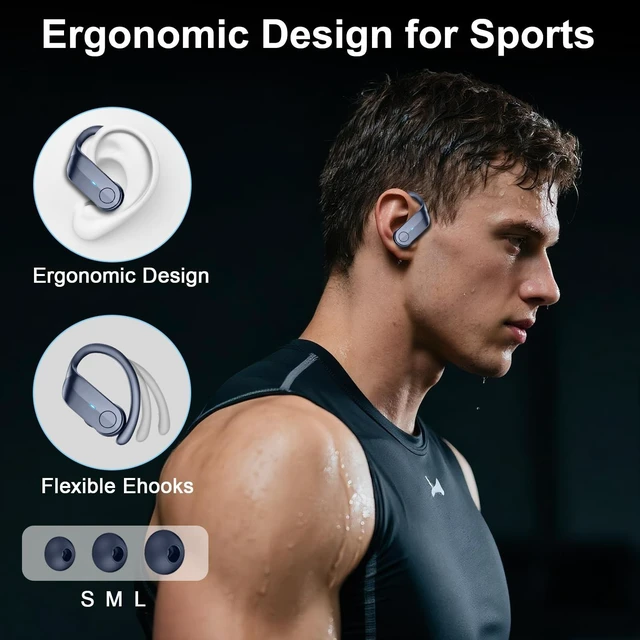 Alt view image 5 of 5 - Ordtop Sport Wireless Earbuds with Earhooks, 70H, IPX8 Waterproof, Blue