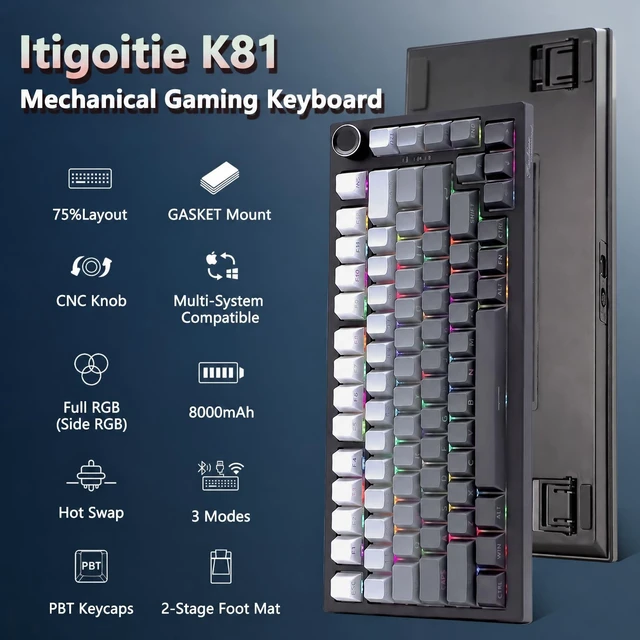 Alt view image 2 of 5 - Itigoitie 75% Wireless Gaming Mechanical Keyboard,TriMode 2.4G/USBC/BT5.3,8000mAh Hot Swappable Custom Keyboard,Linear Switch,Gasket Mounted,RGB Backlit,PBT Keycaps,CNC Knob for Mac/Win/Android