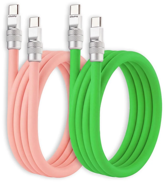 Main image of chubbycable 240W Silicone USB C to C Cable, 2 Pack, Pink+Green, 13.1FT