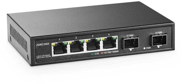 Main image of 4 Port 2.5G Network Switch with 2x10G SFP, 2.5Gbps Network Hub Ethernet Splitter, Compatible with 100/1000/2500Mbps, YuLinca Multi-Gigabit Fanless Unmanaged Metal Desktop Gaming Switch