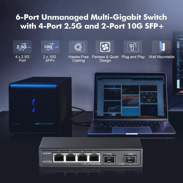 Alt view image 2 of 5 - 4 Port 2.5G Network Switch with 2x10G SFP, 2.5Gbps Network Hub Ethernet Splitter, Compatible with 100/1000/2500Mbps, YuLinca Multi-Gigabit Fanless Unmanaged Metal Desktop Gaming Switch