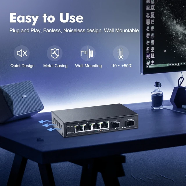 Alt view image 4 of 5 - 4 Port 2.5G Network Switch with 2x10G SFP, 2.5Gbps Network Hub Ethernet Splitter, Compatible with 100/1000/2500Mbps, YuLinca Multi-Gigabit Fanless Unmanaged Metal Desktop Gaming Switch