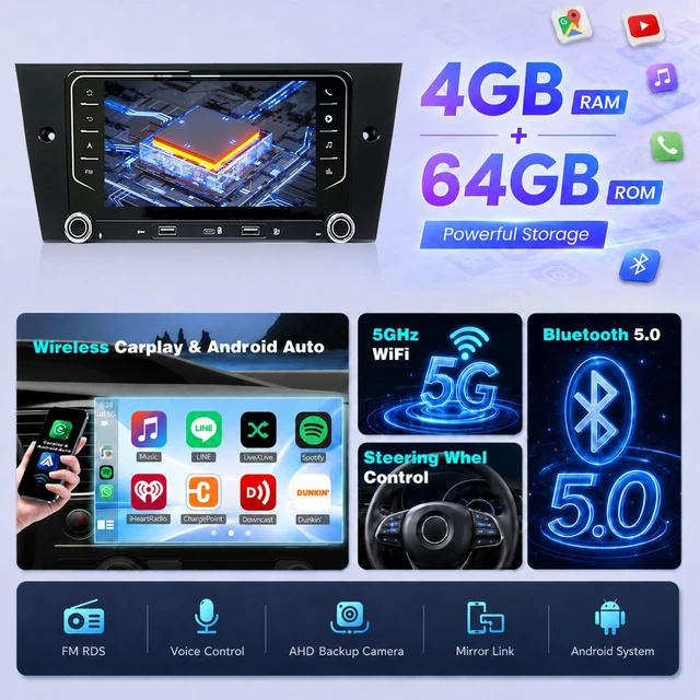 Alt view image 3 of 5 - 4+64G Car Radio for BMW 3 Series 328i 335i 325i (E90/E92/E93) 2005-2011
