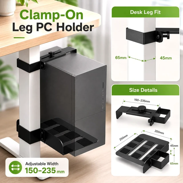 Alt view image 2 of 5 - Under Desk PC Mount, No Drill CPU Holder for Standing Desks, Supports up to 50 lbs, Adjustable Width 6.8911.22 & Max Height 21.65, Clamp-on Desk PC Holder for Standing Desk, with Non-Slip Pads