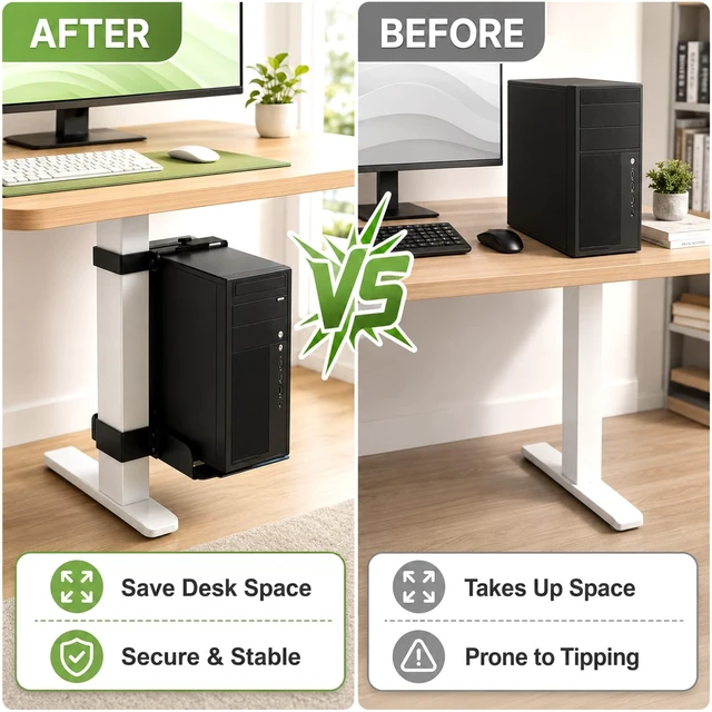 Alt view image 4 of 5 - Under Desk PC Mount, No Drill CPU Holder for Standing Desks, Supports up to 50 lbs, Adjustable Width 6.8911.22 & Max Height 21.65, Clamp-on Desk PC Holder for Standing Desk, with Non-Slip Pads
