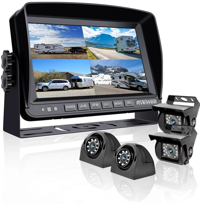 Main image of RV Backup Camera System with 7'' Monitor Wired for RV Semi Box Truck Trailer Bus, 4 Split Screen Quad View HD DVR Record Monitor + IP69 Waterproof Night Vision Rear Side View Camera Avoid Blind Spot
