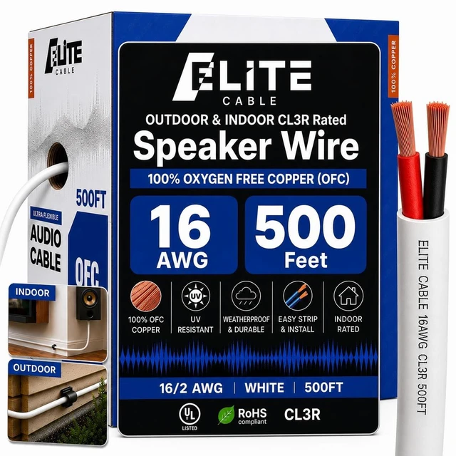 Main image of 16/2 Audio Speaker Wire Cable, 16AWG/2-Conductor, UL Listed, CMR/CL3R, (Riser/in-Wall & Outdoor/In-Ground (Direct Burial)- 100% Oxygen Free Pure Bare Copper (OFC), 500ft Bulk Cable (65 Strands) White